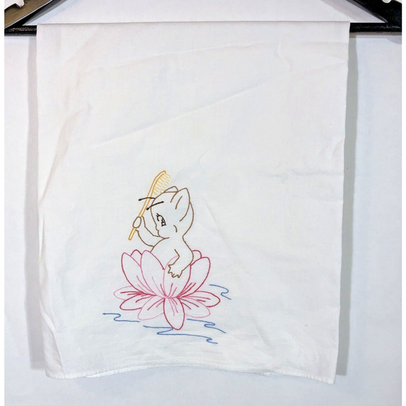 Vintage Tea Towel Embroidered Baby Nymph and Waterlily Bathing Retro Pixie Fairy - Picture 1 of 9